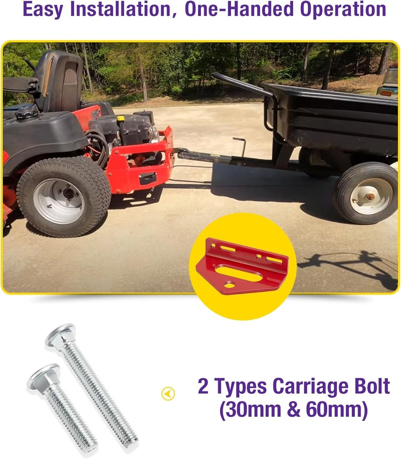 HOWBOW Zero Turn Mower Tow Hitch, 1/4"(6mm) Thick Heavy Duty Steel Universal Lawn Trailer Hitch 2"-5.1" Hole Center, Versatile Chain Slot Rugged Steel with Carriage Bolt Hardware Red - Image 4